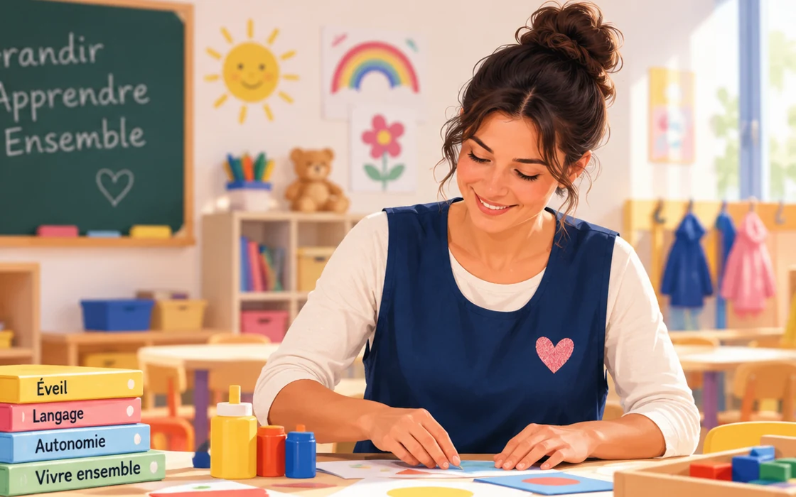 Une ATSEM prépare une activité manuelle dans une classe maternelle.
