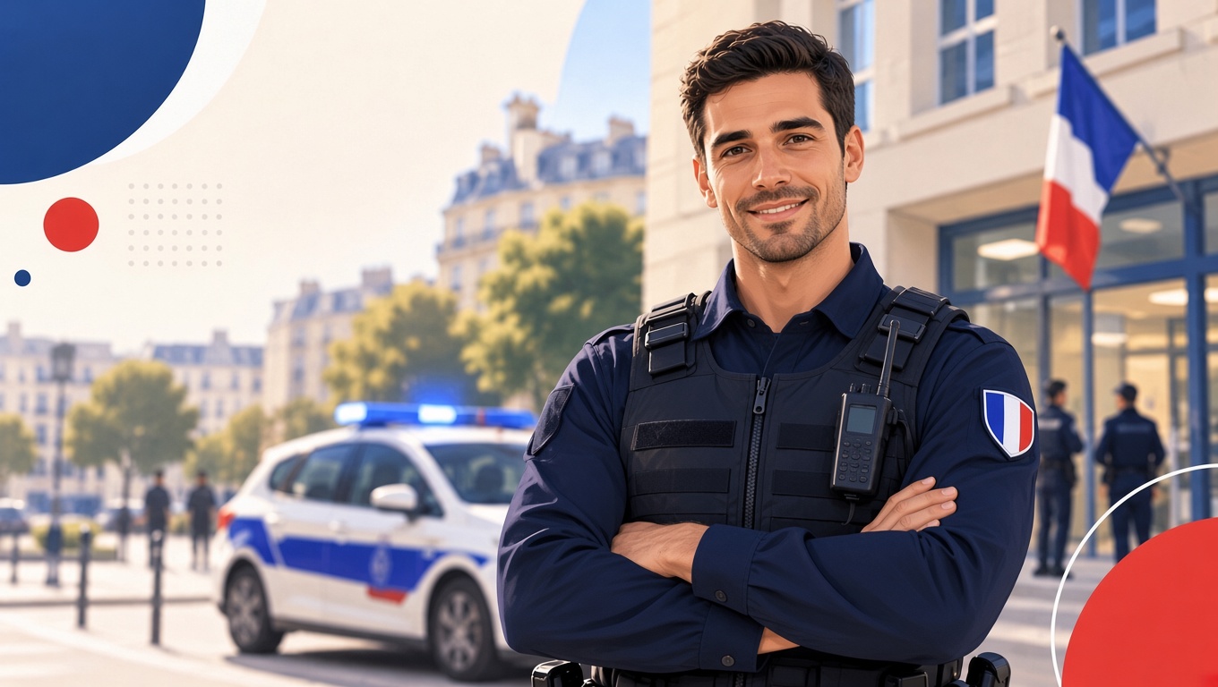 Illustration d’un gardien de la paix souriant devant un commissariat et un véhicule de police